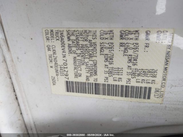 1N6AD0EV4JN701297 Nissan Frontier Sv