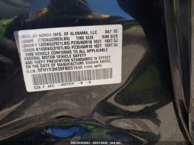 5FNYF3H39FB031646 Honda PILOT SE