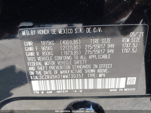 Honda Hr-v 2wd Lx 2021 3CZRU5H31MM730357 Image 9