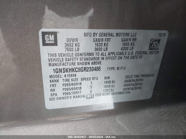 Chevrolet Suburban Lt 2016 1GNSKHKC8GR230486 Image 9