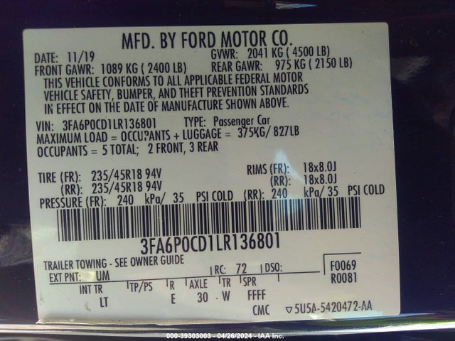 Ford FUSION SEL 2020 3FA6P0CD1LR136801 Image 9