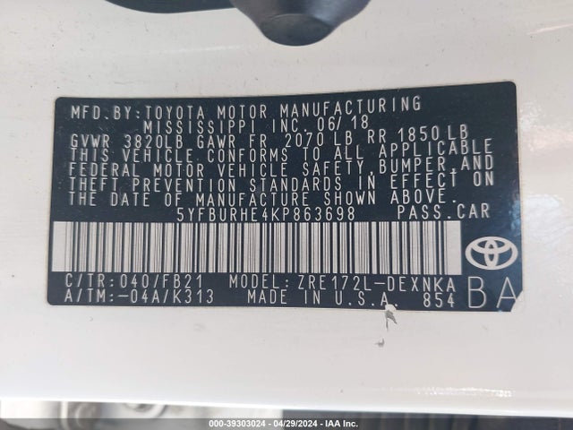 Toyota COROLLA LE 2019 5YFBURHE4KP863698 Image 9