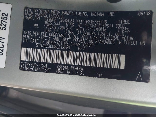 Aukcja sprzedaży 2008 Toyota Sienna Le, vin: 5TDZK23C08S213963, numer aukcji: 39303030