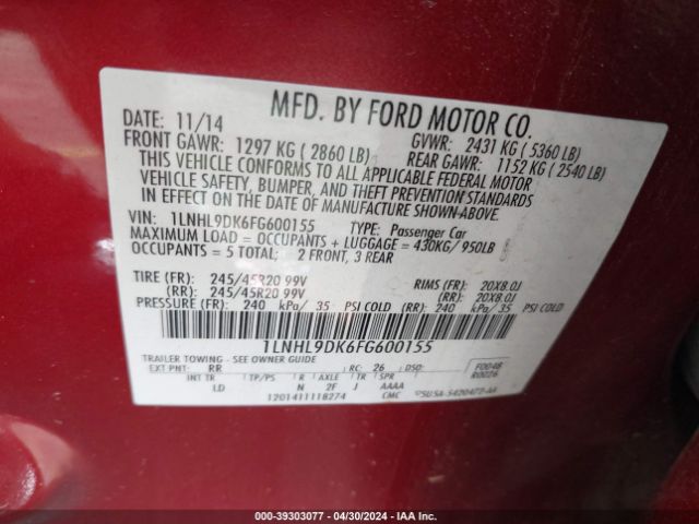 1LNHL9DK6FG600155 Lincoln MKS