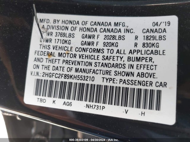 Honda Civic Sport 2019 2HGFC2F89KH553210 Image 9