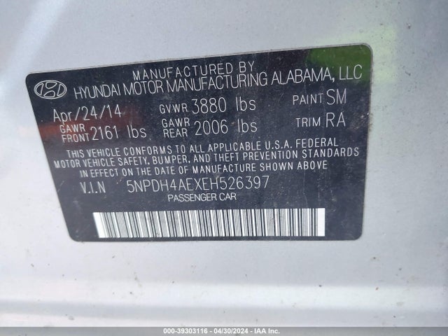 Hyundai ELANTRA SE 2014 5NPDH4AEXEH526397 Image 9