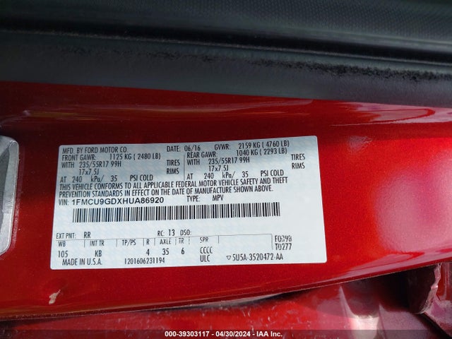Ford ESCAPE SE 2017 1FMCU9GDXHUA86920 Image 9
