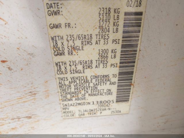 5N1AZ2MG0JN138005 Nissan MURANO SV