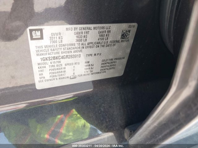 1GKS2BKC4GR283910 GMC YUKON SLT