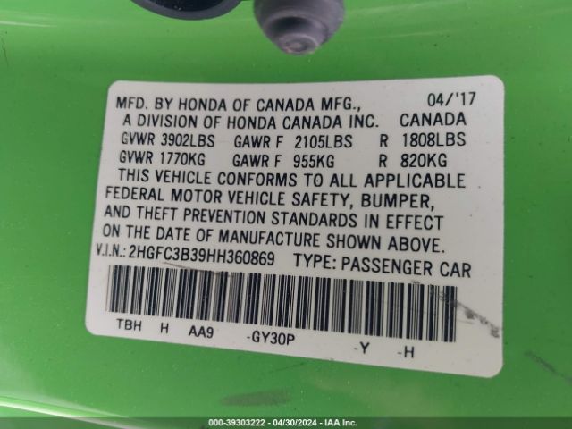2HGFC3B39HH360869 Honda Civic Ex-t