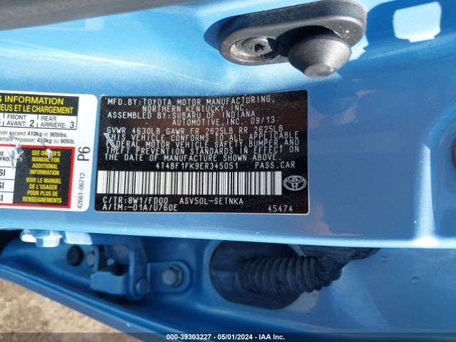 4T4BF1FK9ER345051 Toyota CAMRY LE