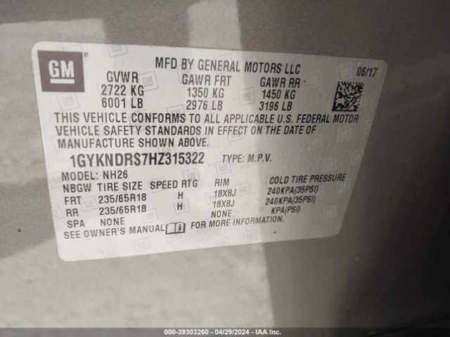 1GYKNDRS7HZ315322 Cadillac XT5 LUXURY