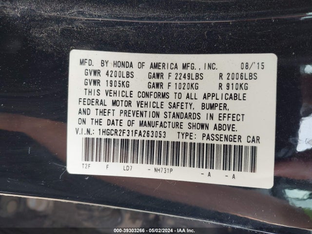Honda ACCORD LX 2015 1HGCR2F31FA263053 Image 9