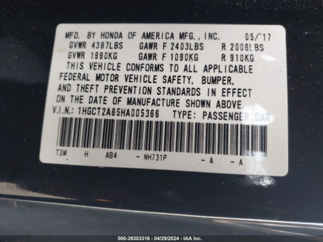 1HGCT2A85HA005366 Honda Accord Ex-l V6