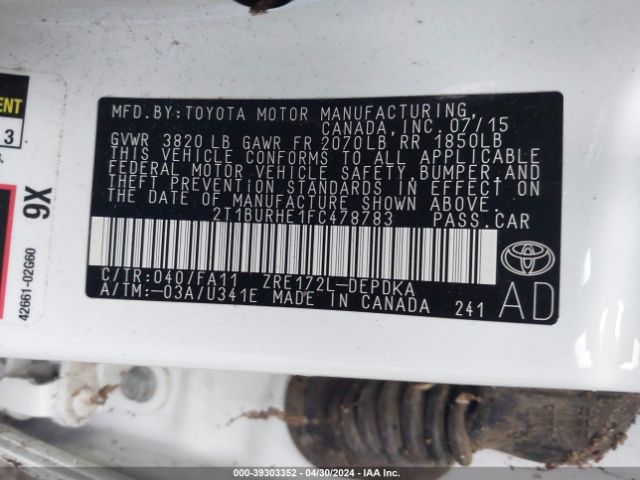 2015 TOYOTA COROLLA 2T1BURHE1FC478783 Photo 8