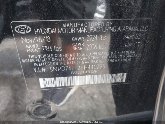 5NPD74LF2KH440795 Hyundai ELANTRA SE