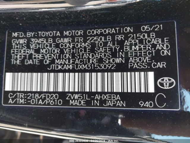 JTDKAMFUXM3153092 Toyota Prius Le