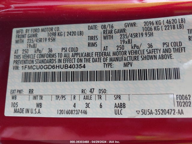 Ford ESCAPE SE 2017 1FMCU0GD6HUB40354 Image 9