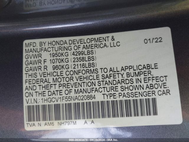 1HGCV1F55NA020884 Honda Accord Ex-l