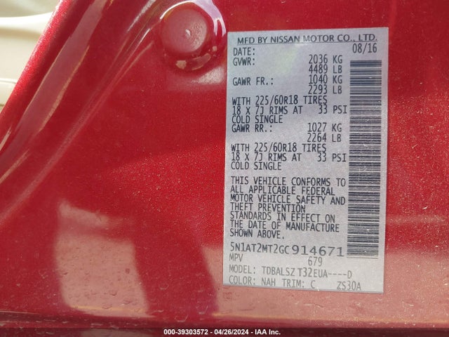 Nissan Rogue Sl 2016 5N1AT2MT2GC914671 Image 9