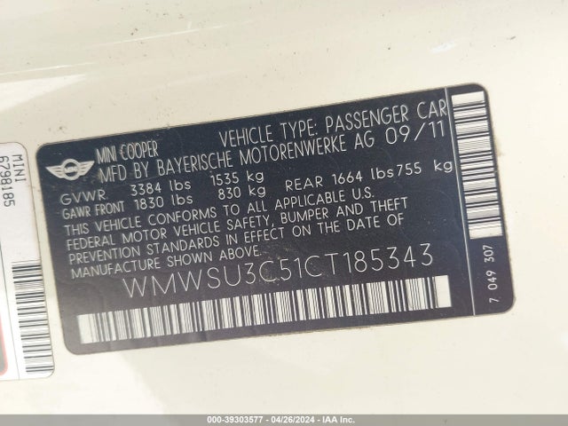 2012 MINI COOPER WMWSU3C51CT185343 Photo 8