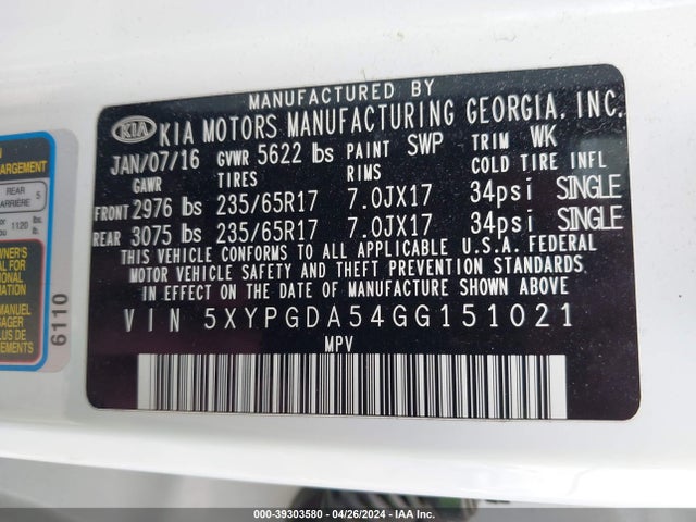 KIA Sorento 3.3l Lx 2016 5XYPGDA54GG151021 Image 9
