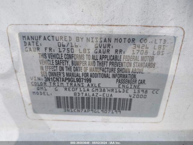 3N1CN7AP9GL907199 Nissan Versa 1.6 S+