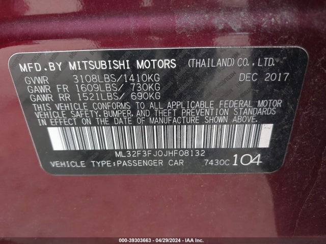 ML32F3FJ0JHF08132 Mitsubishi Mirage G4 Es