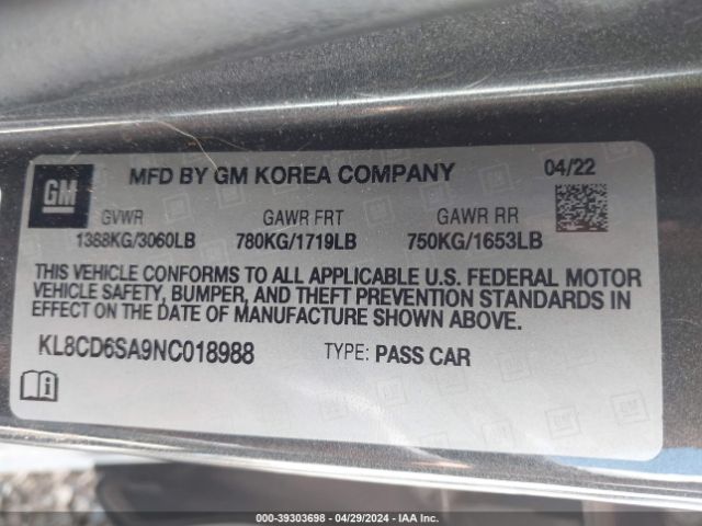 KL8CD6SA9NC018988 Chevrolet SPARK 1LT