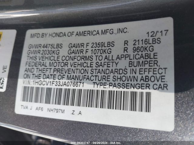 1HGCV1F33JA076671 Honda Accord Sport