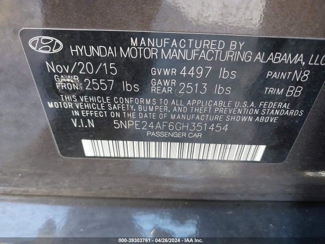Hyundai SONATA SE 2016 5NPE24AF6GH351454 Image 9