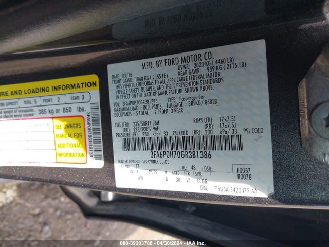 Ford FUSION SE 2016 3FA6P0H70GR381386 Image 9