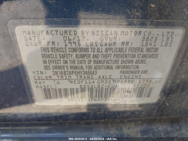Nissan SENTRA S 2017 3N1AB7AP6HY346643 Image 9