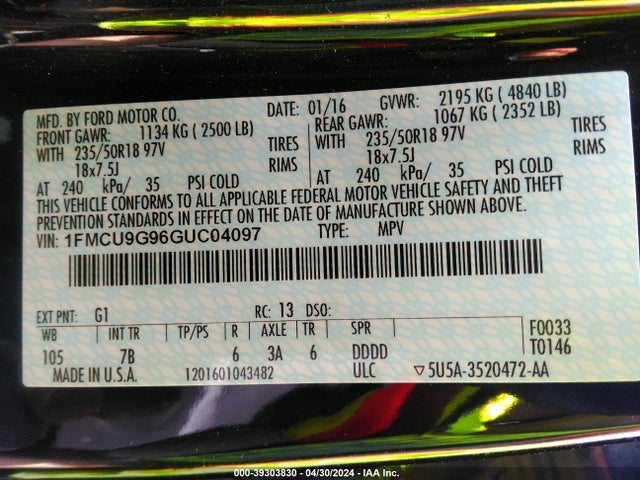 Ford ESCAPE SE 2016 1FMCU9G96GUC04097 Image 9