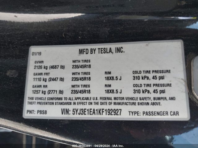5YJ3E1EA1KF192927 Tesla Model 3 Long Range/mid Range/standard Range/standard Range Plus