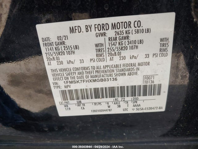 Ford Explorer Limited 2021 1FMSK7FHXMGB03136 Image 9