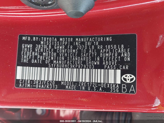 Toyota COROLLA SE 2019 5YFBURHE9KP879203 Image 9