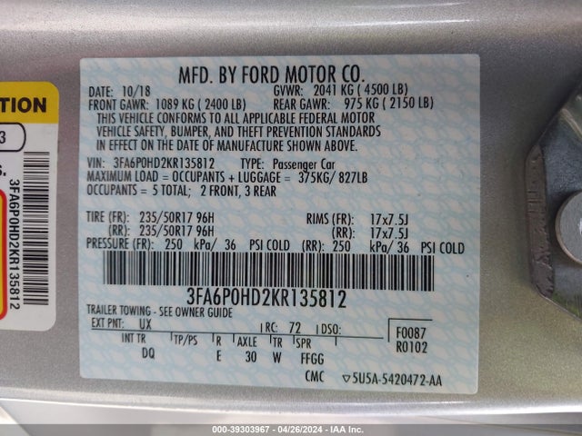 Ford FUSION SE 2019 3FA6P0HD2KR135812 Image 9