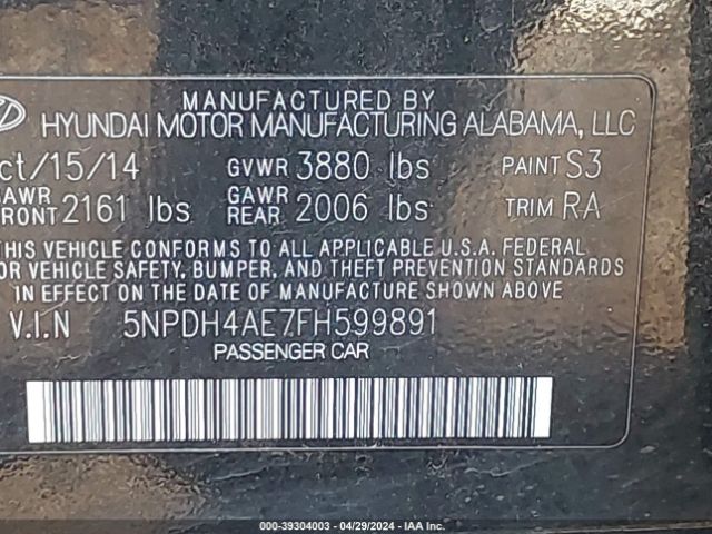 5NPDH4AE7FH599891 Hyundai ELANTRA SE