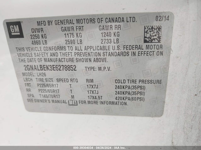 Chevrolet EQUINOX 1LT 2014 2GNALBEK3E6278852 Image 9
