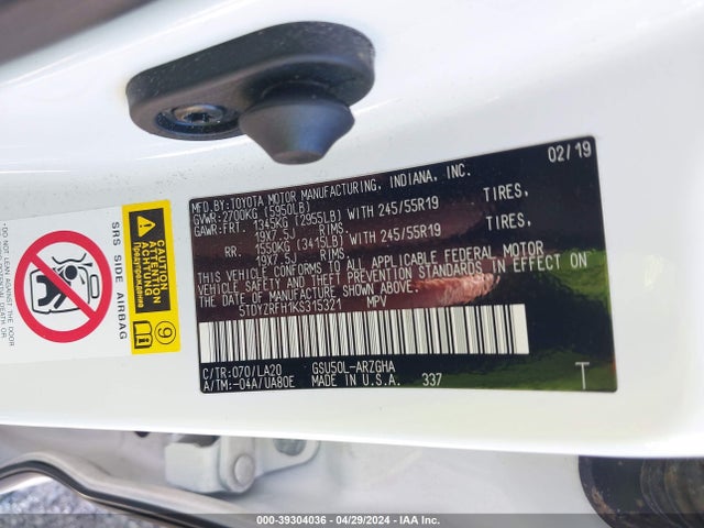 Toyota Highlander Limited 2019 5TDYZRFH1KS315321 Image 9
