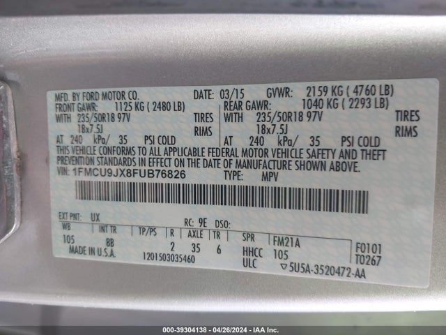 Ford Escape Titanium 2015 1FMCU9JX8FUB76826 Image 9