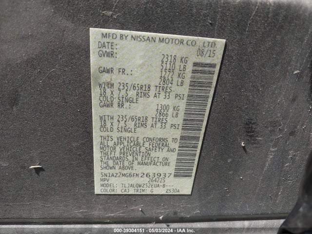 Nissan MURANO SV 2015 5N1AZ2MG6FN263937 Image 9