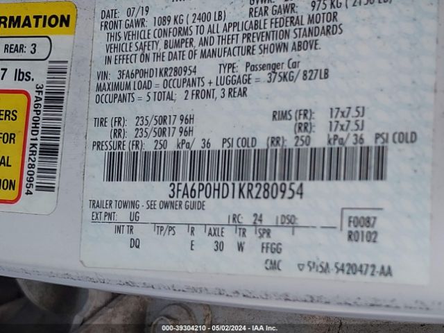 3FA6P0HD1KR280954 Ford FUSION SE
