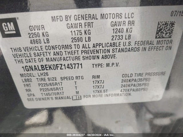 Chevrolet EQUINOX 1LT 2015 1GNALBEK0FZ143771 Image 9