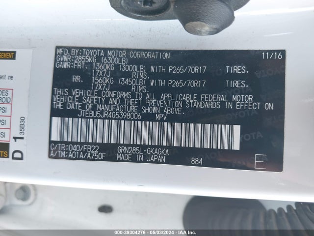 Toyota 4RUNNER SR5 2016 JTEBU5JR4G5398006 Image 9