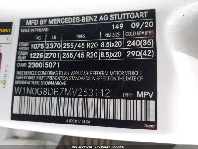 W1N0G8DB7MV263142 Mercedes-Benz Glc 300 Suv