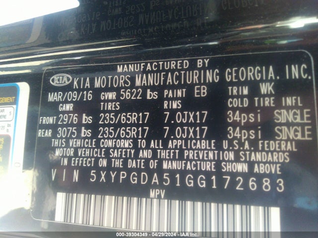 KIA Sorento 3.3l Lx 2016 5XYPGDA51GG172683 Image 9