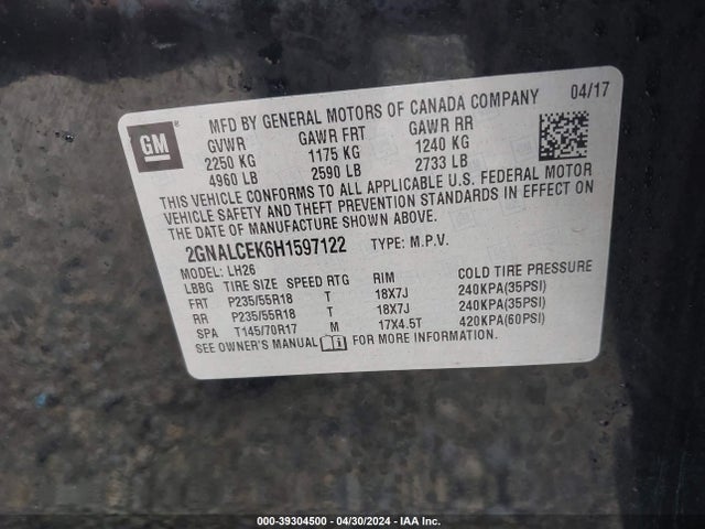 Chevrolet EQUINOX LT 2017 2GNALCEK6H1597122 Image 9