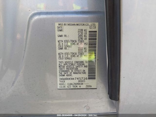 1N6AD0ER3KN745716 Nissan Frontier Sv